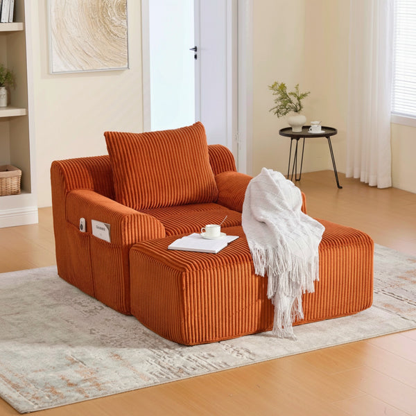 Fauteuil confortable en velours côtelé orange avec pouf et poches latérales