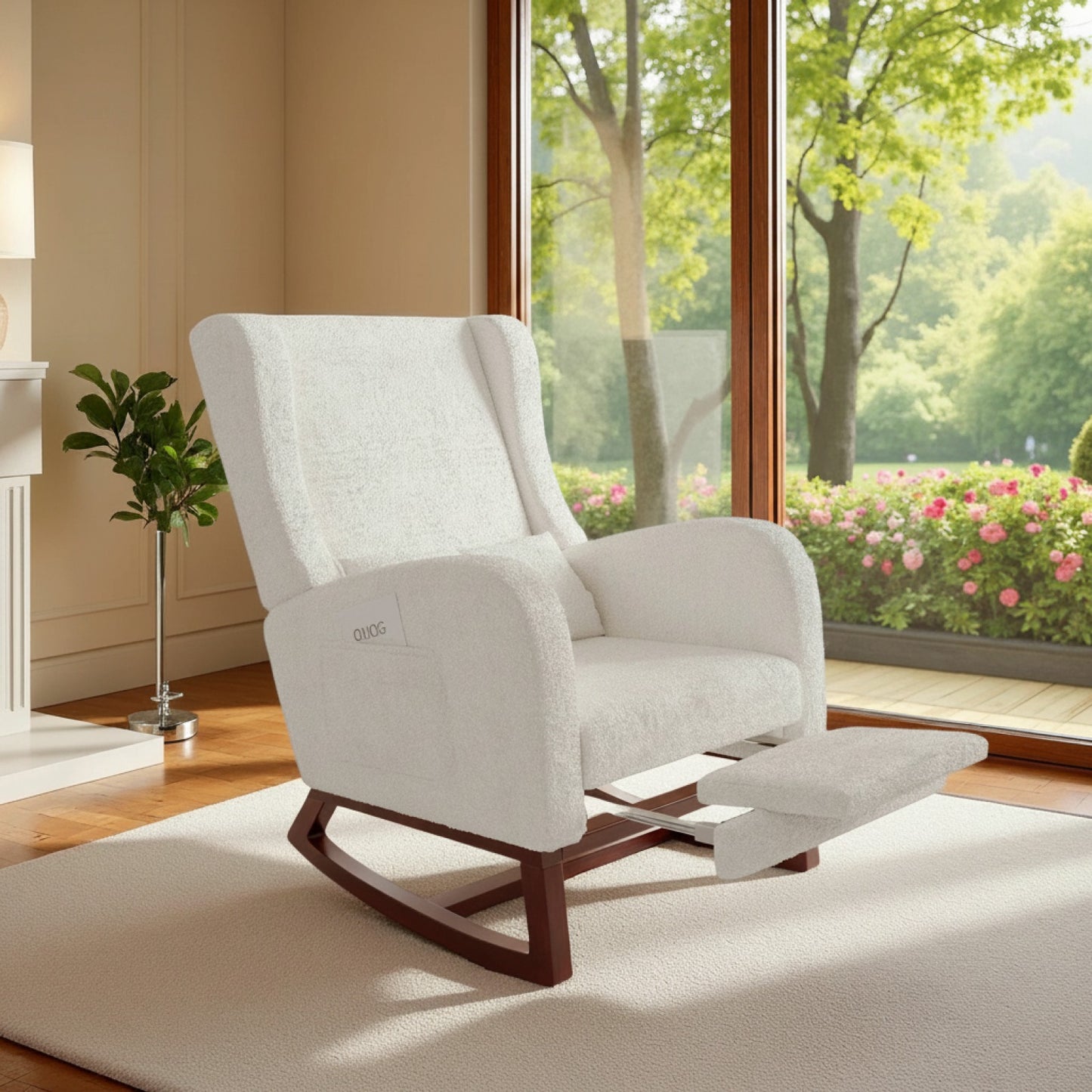 Fauteuil à Bascule Superaly en Velours Teddy Blanc avec Repose-Pieds et Coussin Lombaire