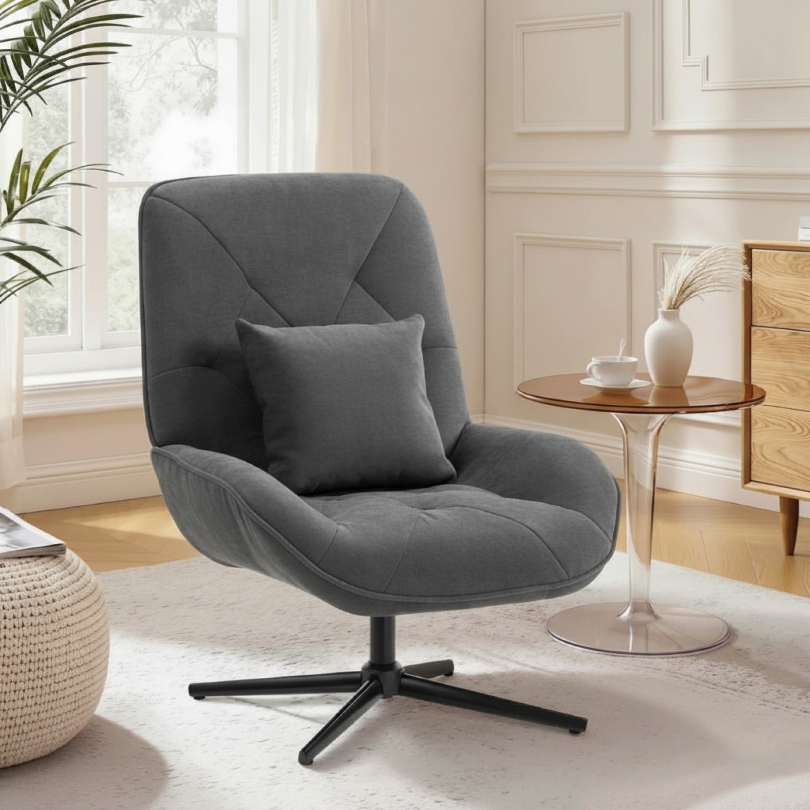 Fauteuil d'appoint pivotant en chenille gris foncé avec coussin lombaire