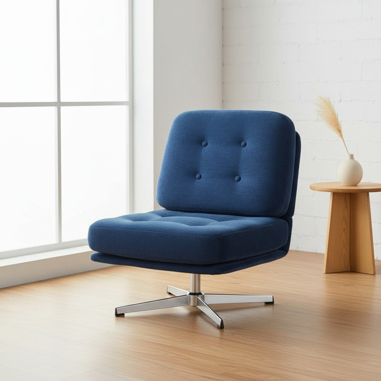 Fauteuil d'appoint bleu en velours côtelé avec assise large et rotation 360°