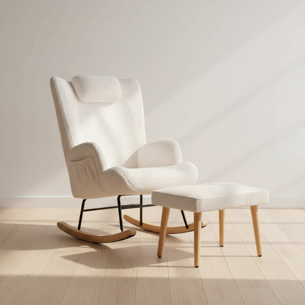 Fauteuil "Together" en tissu Teddy crème avec repose-pieds et poche latérale